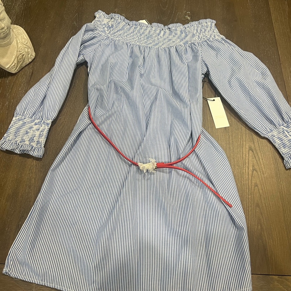 NWT blue and white stripped dress with red belt (buckle still in wrapping) small